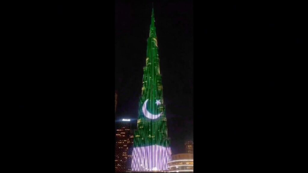 Burj Khalifa lit up with Pakistani flag on National Day