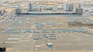 Ajman sets Guinness World Record. They parked 603 cars to form "EID AL ETIHAD UAE 54." What an amazing sight!