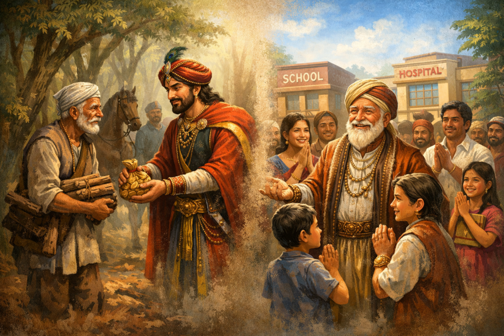 கருணையுள்ள மன்னன் விறகுவெட்டிக்கு தானம் வழங்கும் வாழ்க்கைப் பாடம்