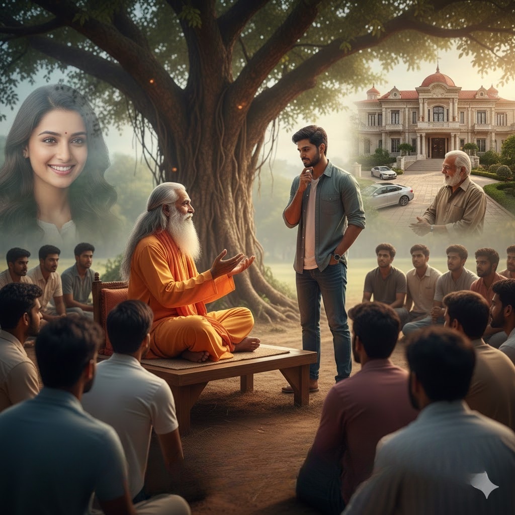 "ஒரு குரு தனது சீடர்களுக்கு முக அழகையும் குண அழகையும் ஒப்பிட்டுப் பாடம் நடத்தும் காட்சி - தமிழ் வாழ்வியல் கதை."