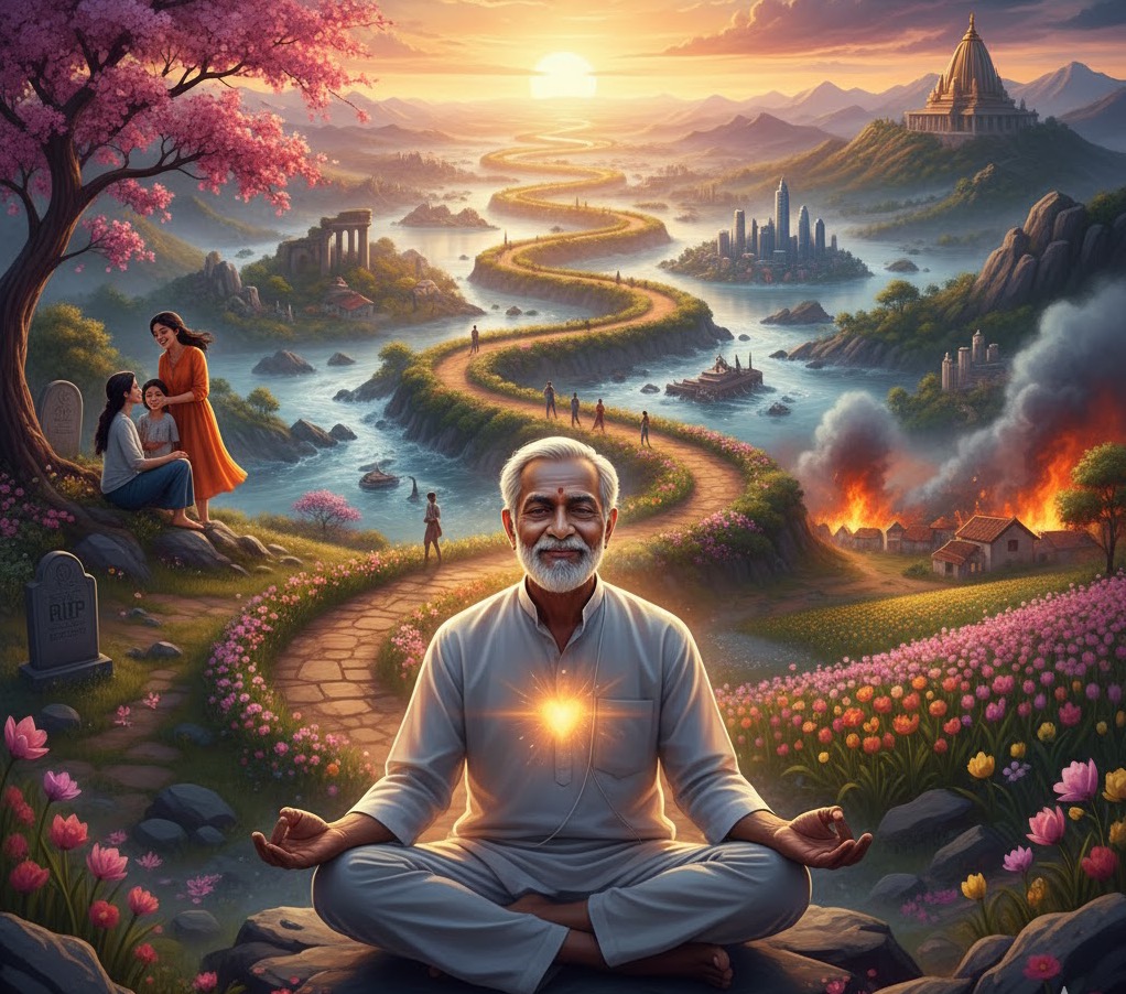 அமைதியான நீர்நிலையின் ஓரத்தில் அமர்ந்து சூரிய உதயத்தைப் பார்த்தபடி வாழ்வின் பயணத்தைப் பிரதிபலிக்கும் ஒரு மனிதனின் நிழல் படம்.