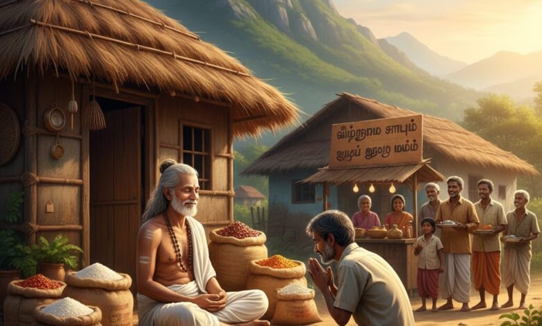 சாமியார் மற்றும் ஏழை குடும்பத் தலைவன் - உழைப்பின் உயர்வு கதை. #1 UAE Tamil News Website https://www.tamilgulf.com/wp-content/uploads/2026/01/Rishi.jpg ஒரு சாமியார் ஓலைக் குடிசையில் அமர்ந்து ஏழை மனிதனுக்கு ஆசி வழங்கும் ஓவியம்.