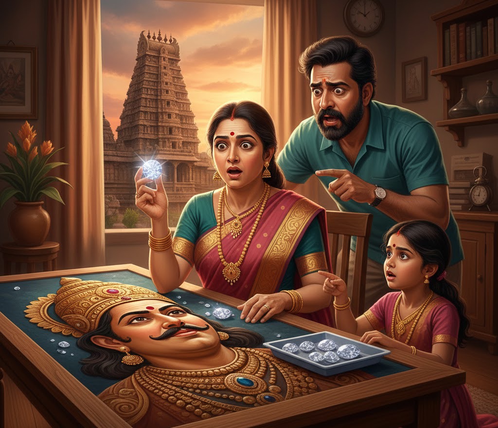 ராஜராஜ சோழனின் ஓவியத்தில் வைர கற்கள் ஒட்ட மறுப்பதையும், அதை வியப்புடன் பார்க்கும் தம்பதியையும் காட்டும் ஓவியம்