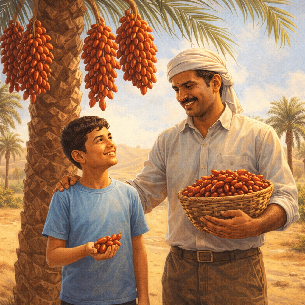 பேரீச்சம்பழம் தோட்டத்தில் அப்பாவுடன் நிற்கும் சிறுவன் – dates fruit தரும் ஆரோக்கிய சக்தியை காட்டும் படம்